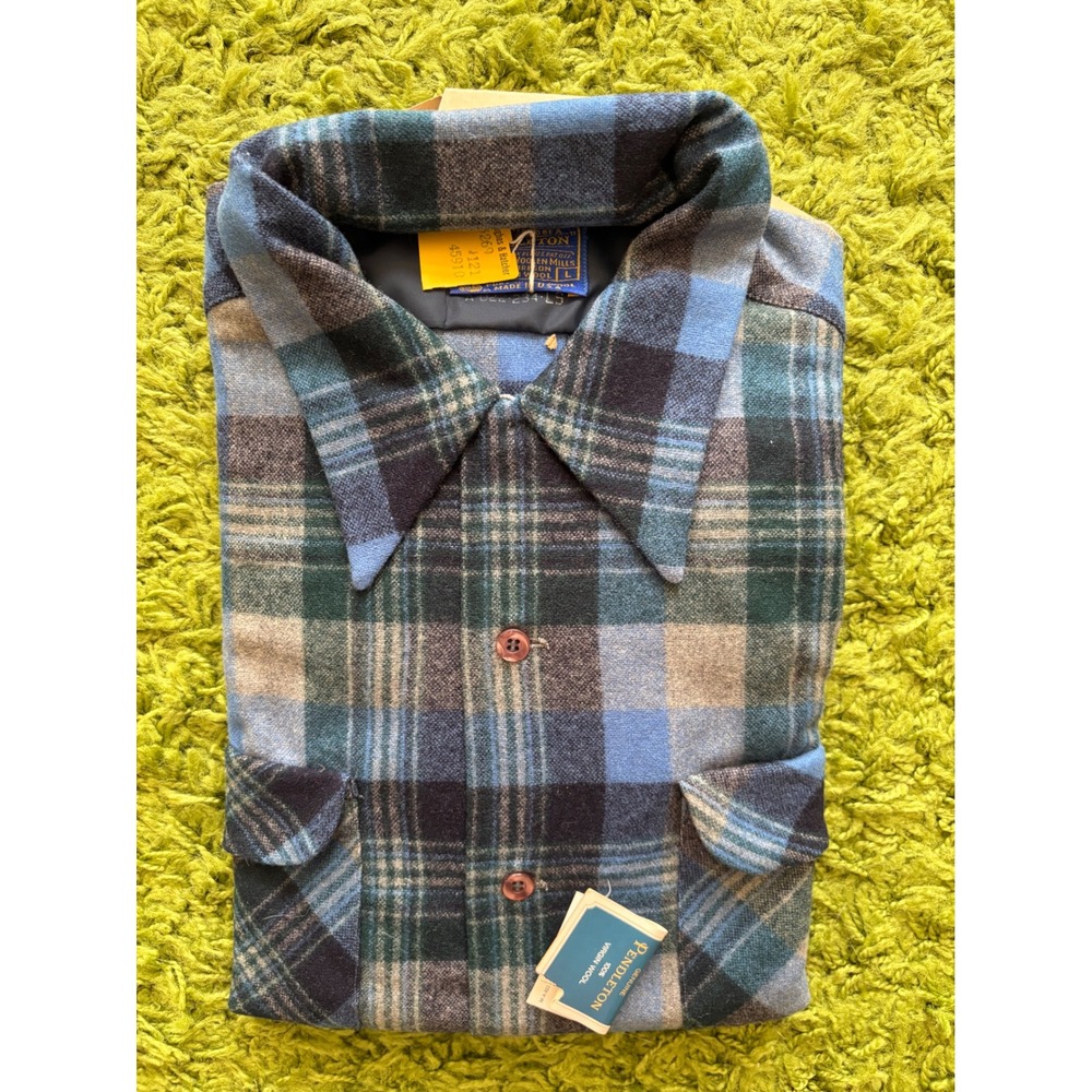 Pendleton Board Shirt Mens Large Blue Green Plaid 100% Virgin Wool Vintage NWT